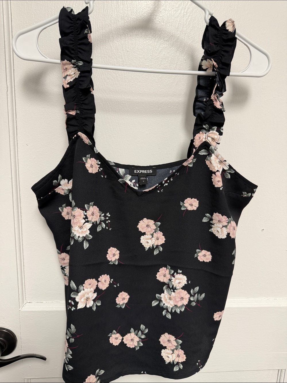 Express Black Tank Top with Pink Floral Ruffle Straps